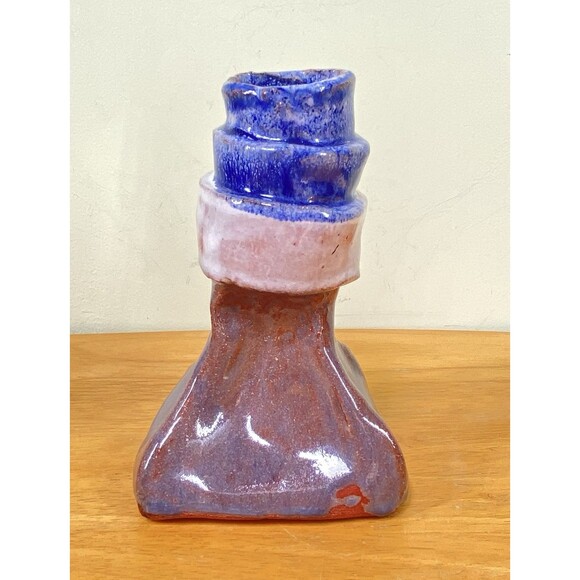 Vintage 5.5" Abstract Hand-Painted Redware Studio Art Pottery Pinched Vase - Picture 5 of 11